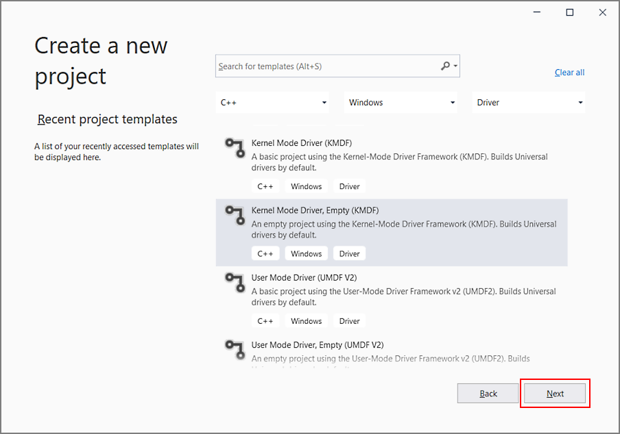 Visual Studio“新建项目”对话框的屏幕截图，其中选择了“内核模式驱动程序”选项。